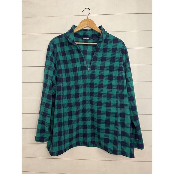 Lands End Womens 1X Fleece‎ Quarter Zip Blue Green Plaid Pullover Sweater Plus - Picture 1 of 5